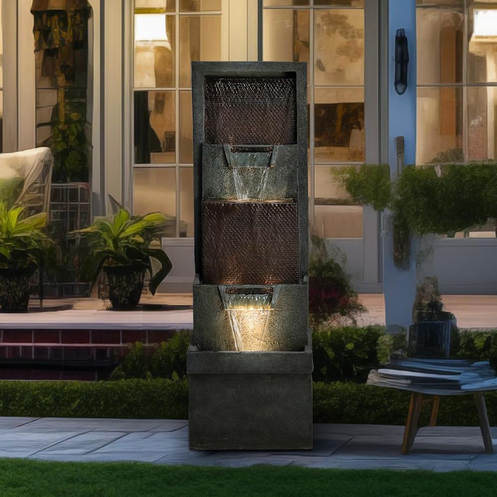 Hamiedun 39.3''H Outdoor Garden Modern Water Fountain Decor, Outdoor Waterfall Resin Fountain for Garden, Floor Patio, Deck, Porch, Backyard and Home Art Decor
