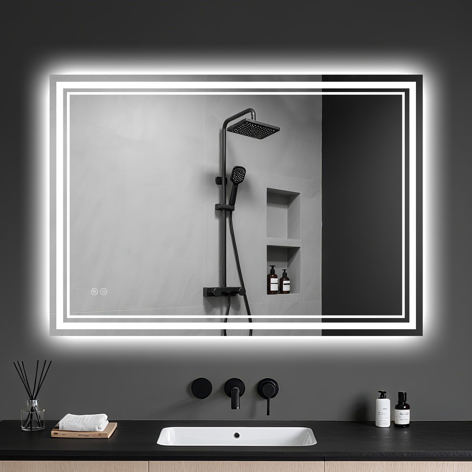 Archaluxe Bathroom Mirror with LED Light: 600x800mm Illuminated Wall Mounted LED-Bathroom-Mirror with Shaver Socket, Anti-Fog,3 Colors Dimmable, Memory Function, IP44 Smart Mirror Horizontal/Vertical — image 1