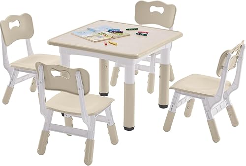 Miniatura 9 de Juego de mesa y 2 sillas para niños, mesa y sillas para niños pequeños de altura ajustable con escritorio de graffiti, 23.6 pulgadas de largo x 23.6