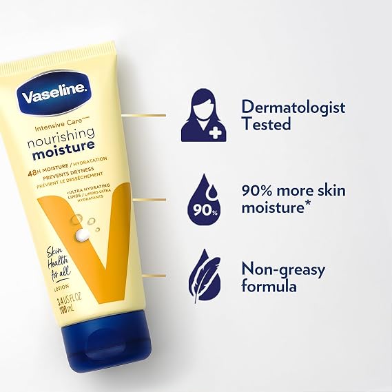 Vaseline Lotion, Intensive Care Nourishing Moisture 2-Pack Moisturizer with Oat Extract + Ultra-Hydrating Lipids for Healing Extremely Dry Skin, 3.4 Oz Ea