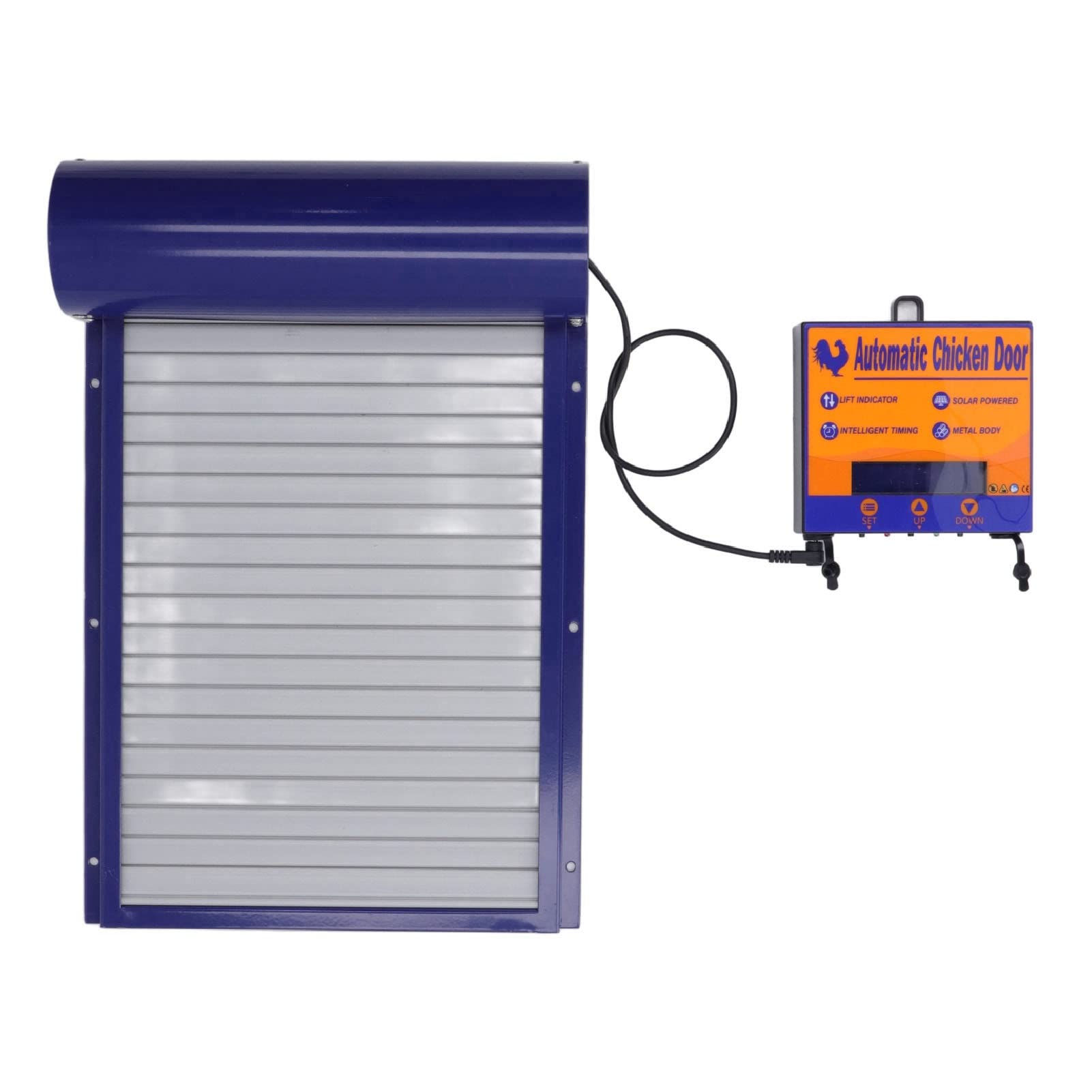 Abridor Automático de Puerta para Gallinero con Temporizador, Sensor de Luz y Control Remoto - Puerta Aluminio Programable para Pollos y Patos (Azul)