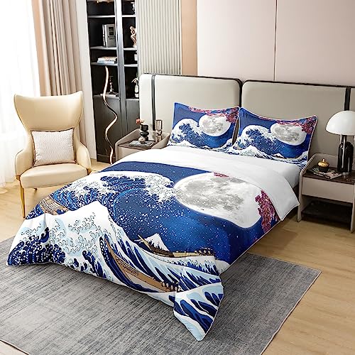 Homewish 100% Washed Cotton Japanese Style Duvet Cover,Japan Ukiyoe Bedding Set,Nautical Ocean Wave Comforter Cover for Kids Adult,Pink Cherry Blossom Bed Sets with 2 Pillowcases,King - Image 3