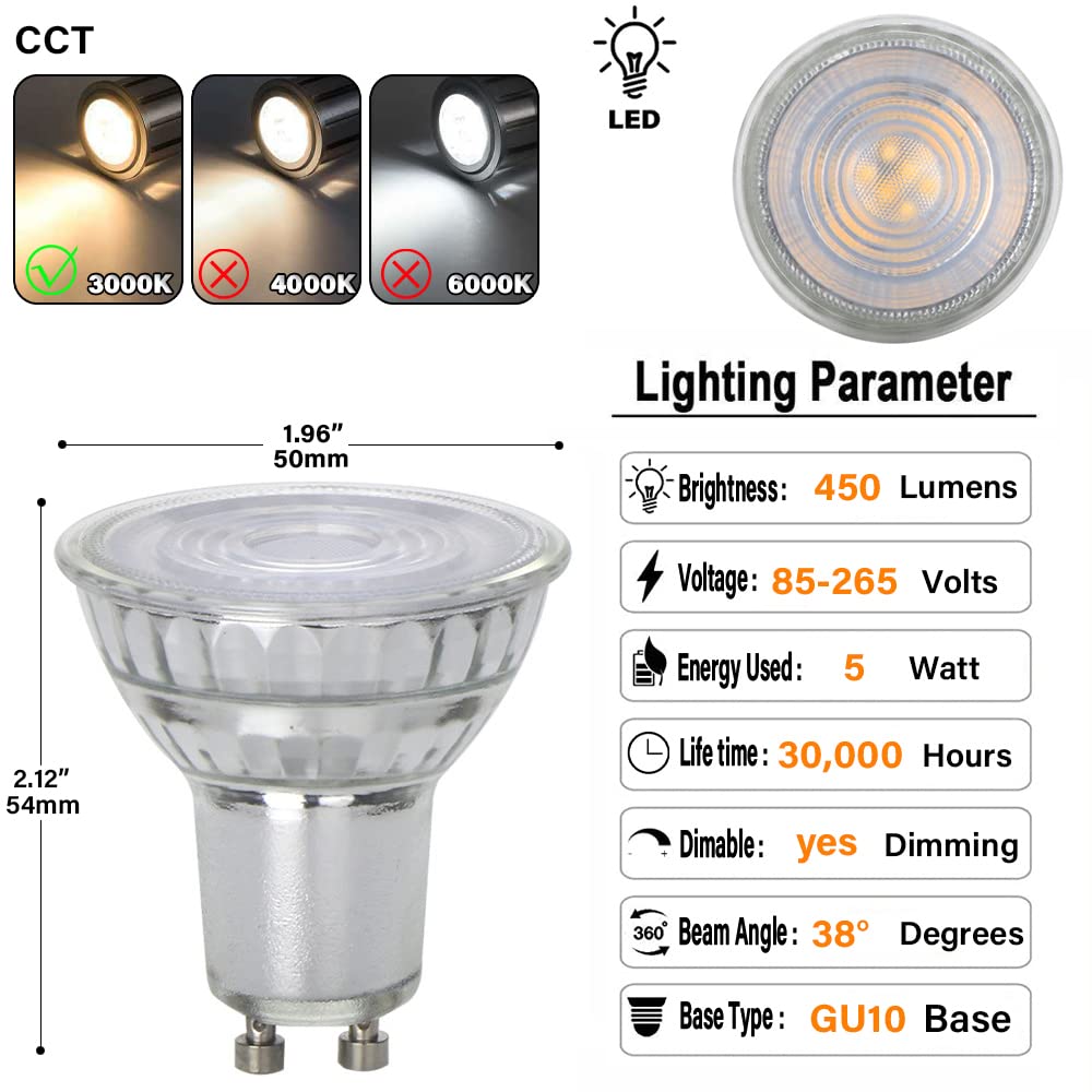 RYTM Bombillas LED GU10 con Base Bipin, 5 W, 450 LM (Equivalente a 50 W), ángulo de Haz de 38° Regulable, Bombillas LED empotrables para Paisaje, Foco, iluminación de Pista (Paquete de 15) (Dimmable)
