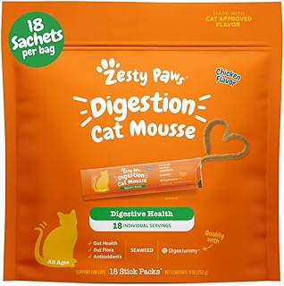 Zesty Paws Cat Mousse Squeezies Puree Cat Treats for Digestion - with Seaweed, Omega Fatty Acids, Antioxidants - Support for Digestive Health Cats - Chicken Flavor - 18 Count