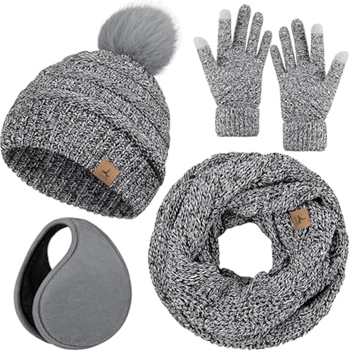 LOROME Winter Beanie Hat Scarf Gloves Set with Ear Muffs Warmer for Women