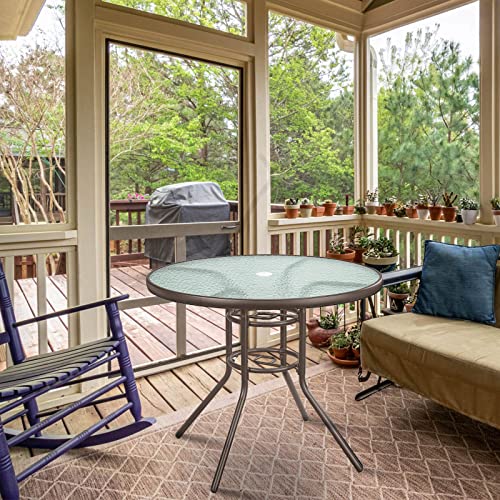 35.4"Outdoor Bistro Table Round Patio Dining Table Coffee Table Side Table With Umbrella Hole, Outdoor Indoor Banquet Furniture With Metal Frame And Glass Top For Garden Backyard Porch Lawn Deck,Brown #TOP4