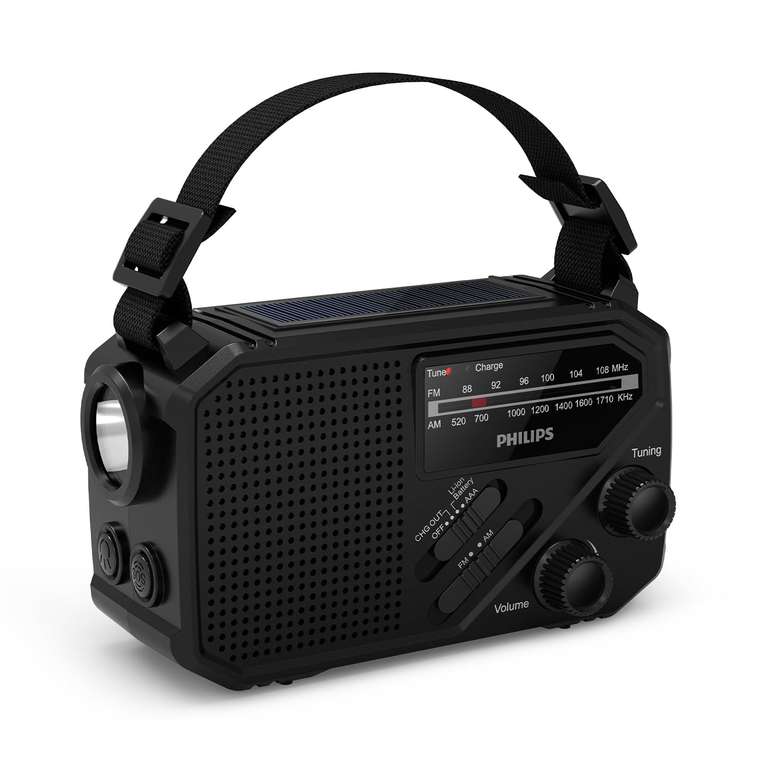 Philips TAR1609 – przenośne radio FM/AM z akumulatorem, komorą na baterie AAA i korbą, zasilaniem z paneli słonecznych, lampką LED i latarką, przydatne na biwaku, w czasie wędrówek i awarii energii