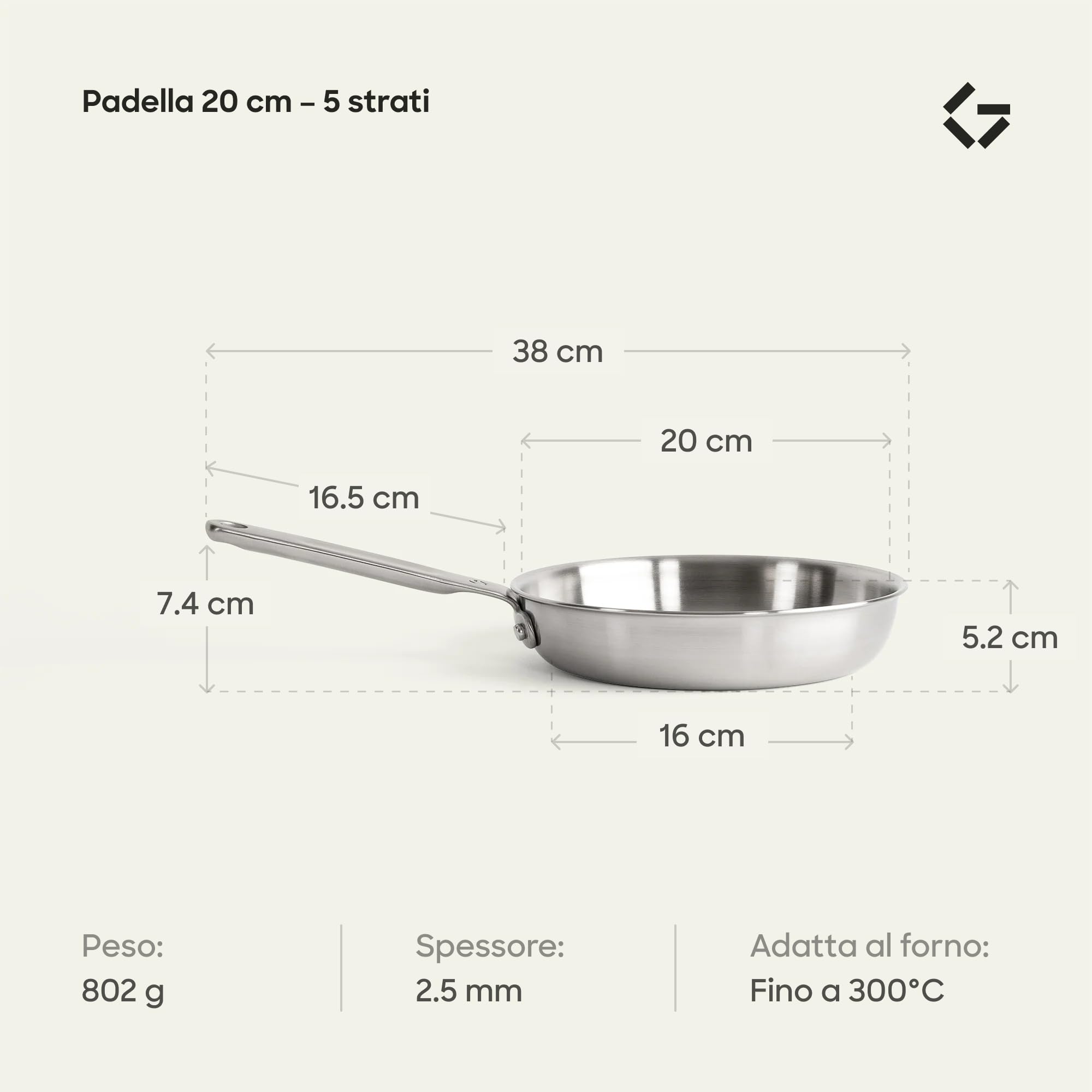 Gastrotools Padella Inox 5-Ply 20 cm con Anima in Alluminio Premium | Conduzione termica ottimale | Cottura uniforme | Per induzione, gas & forno | Senza rivestimento