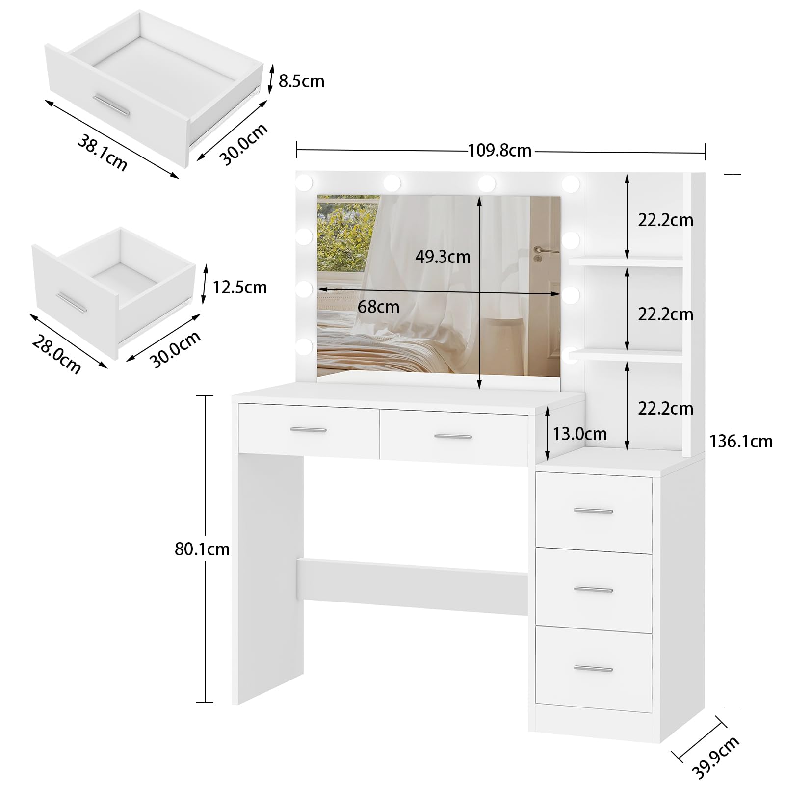 FIONESO 110cm Tocador de Maquillaje con Espejo Grande y Luces LED, Mesa de Maquillaje con 5 Cajones, 2 Estantes Abiertos, para Niñas, Blanco