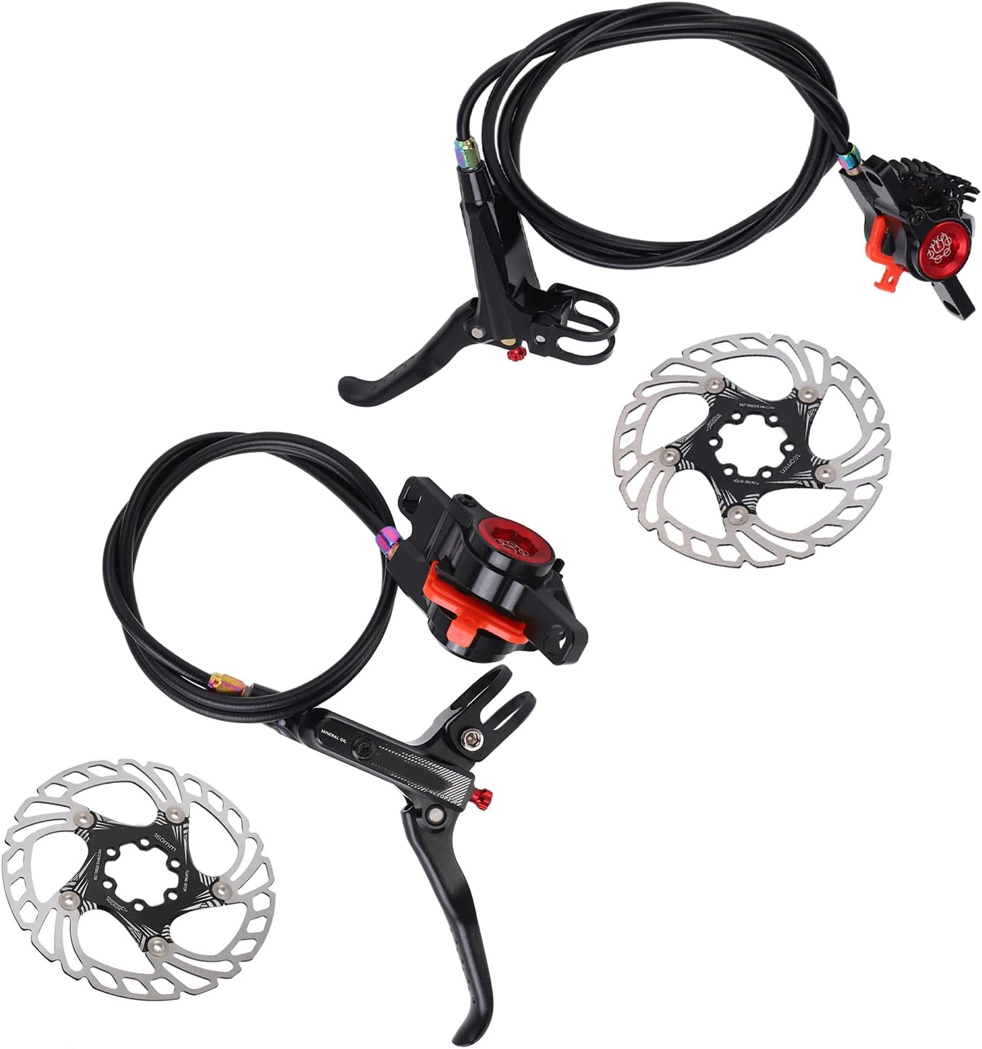 Bicycle Hydraulic Disc Brake and Cooling Floating Ice Rotor Set for Mountain Bike and Road Bike - Double Piston Design with Hollow Heat Sink for Enhanced Heat Dissipation - Black (Black)