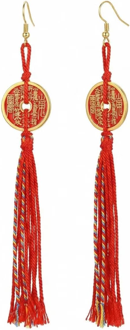 Neo-Chinese Style 925 Silver Tassel Earrings - Fortune Coin Lucky Chinese Style Dangle Earrings