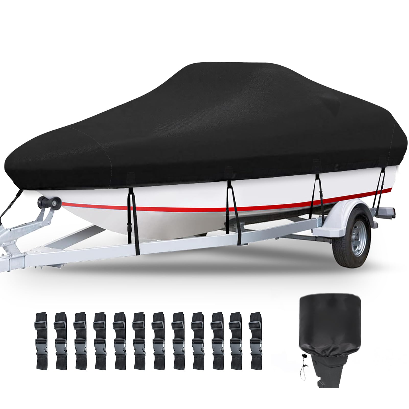 Plscoverit Boat Covers 14-16ft, Heavy Duty 1200D Oxford Waterproof Trailerable Boat Cover, UV Resistant Bass Boat Covers with Motor Cover, Fits V-Hull Tri-Hull Fish&Ski Boat, Runabout(Black)