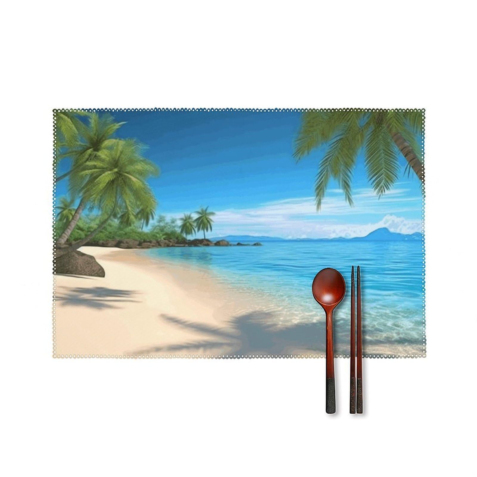 Hawaiian Beach with Palm Trees Placemats Set of 4 Heat Resistant Non-Slip Place Mats Reusable Dining Table Mats Canvas Place Mat Anti-Fading Waterproof Placemats for Dining Table Decor