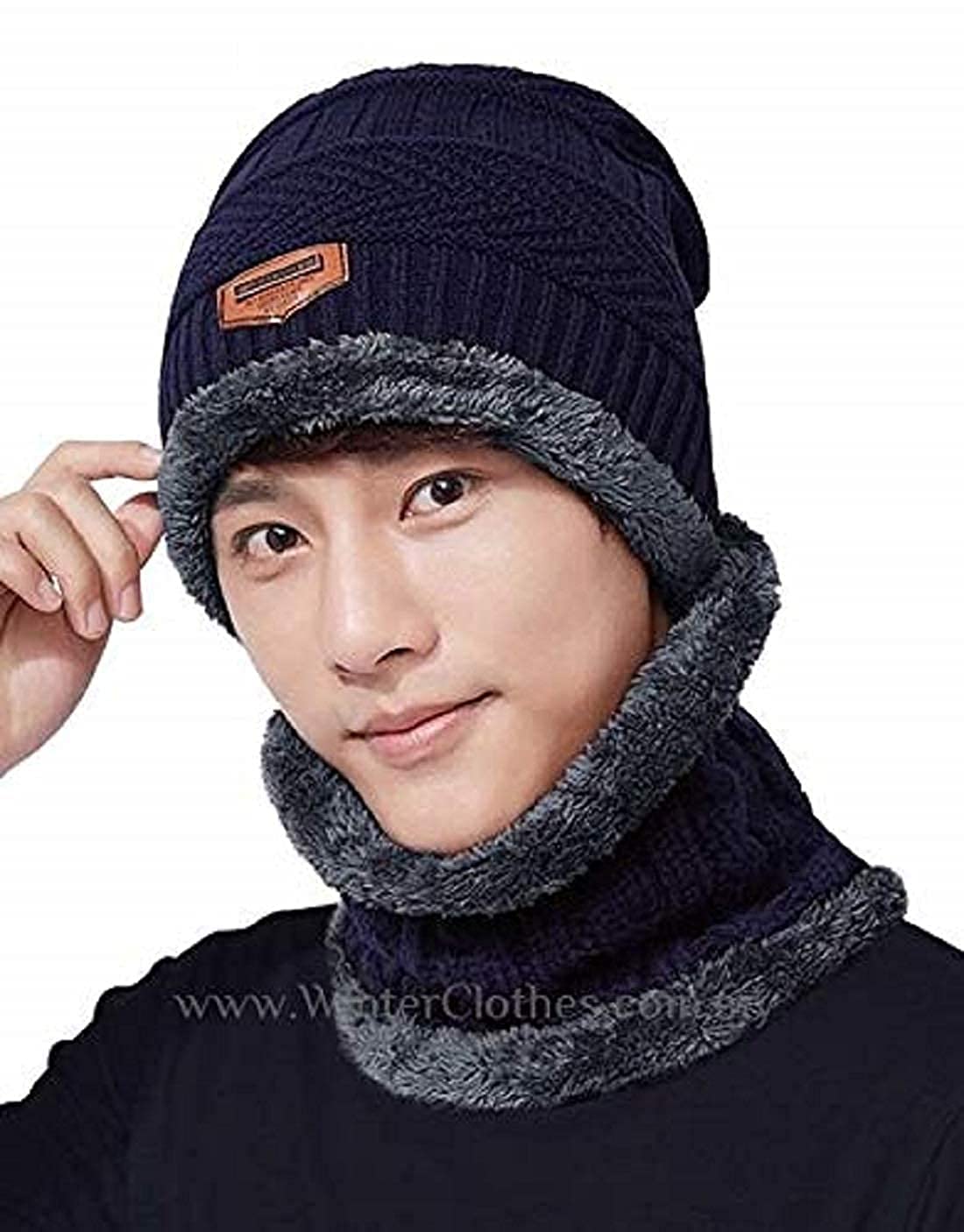 ZaySoo Winter Woolen Warm Unisex Beanie Knit Skull Hats with Neck Warmer for Men Women with Scarf Premium Cap – (Blue, Grey)
