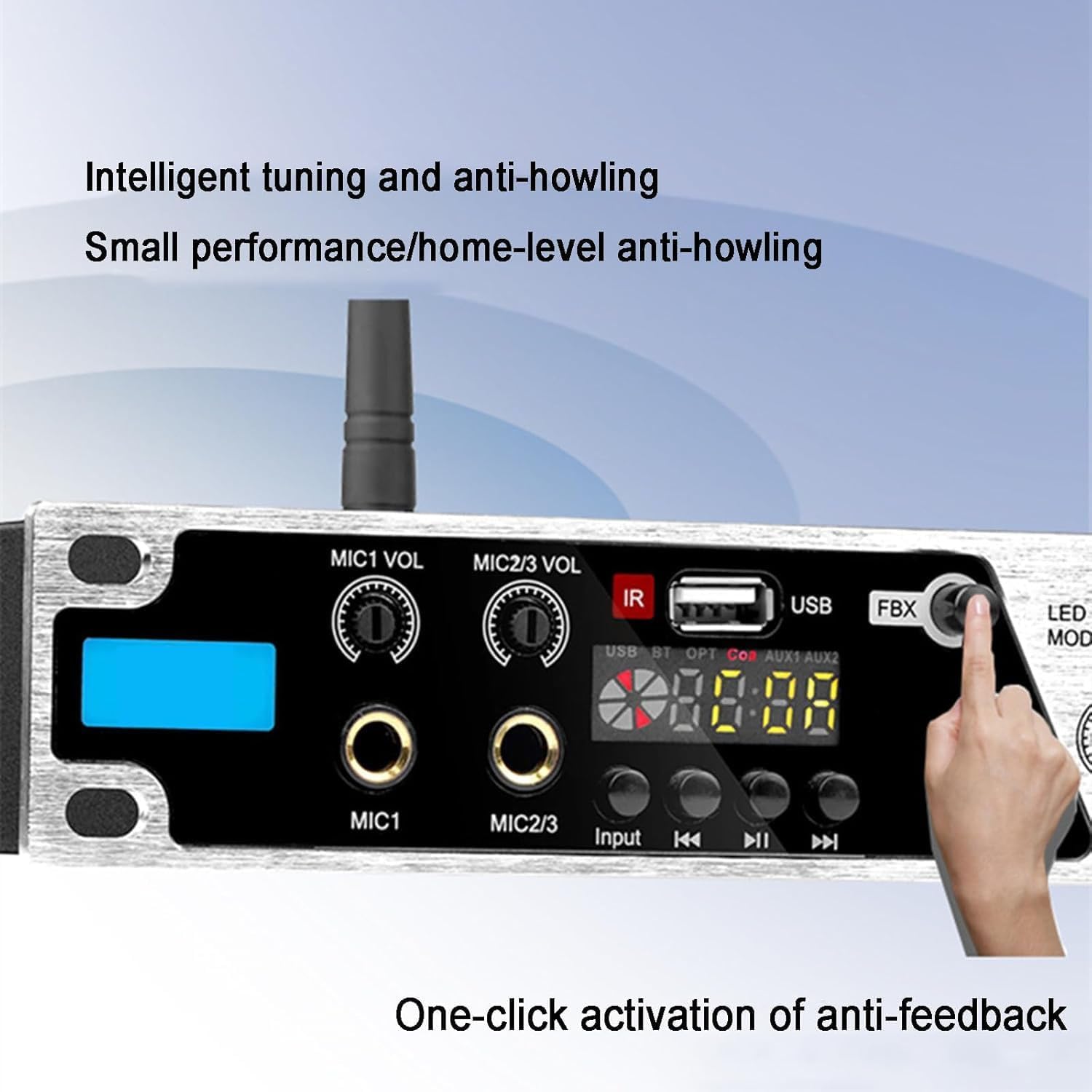 Efector mezclador de karaoke con Bluetooth, USB, fibra, entradas coaxiales, 7 ritmos de luz, procesador antiaullidos para un rendimiento de audio mejorado