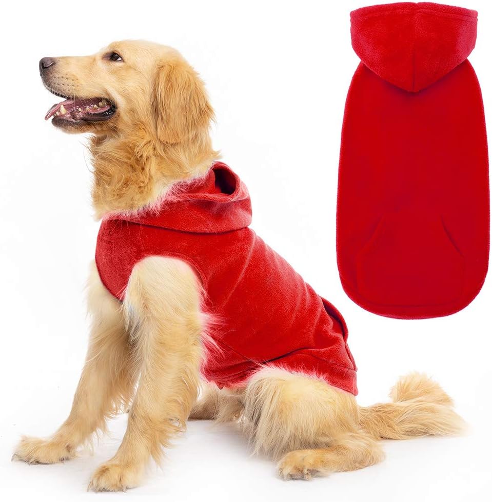 EXPAWLORER Fleece Dog Hoodie with Pouch, Red XL | Hooded Dog Sweater Warm Cozy Pet Clothes with Leash Hole, Sleeveless Vest Winter Sweatshirt for Small Medium Large Dogs