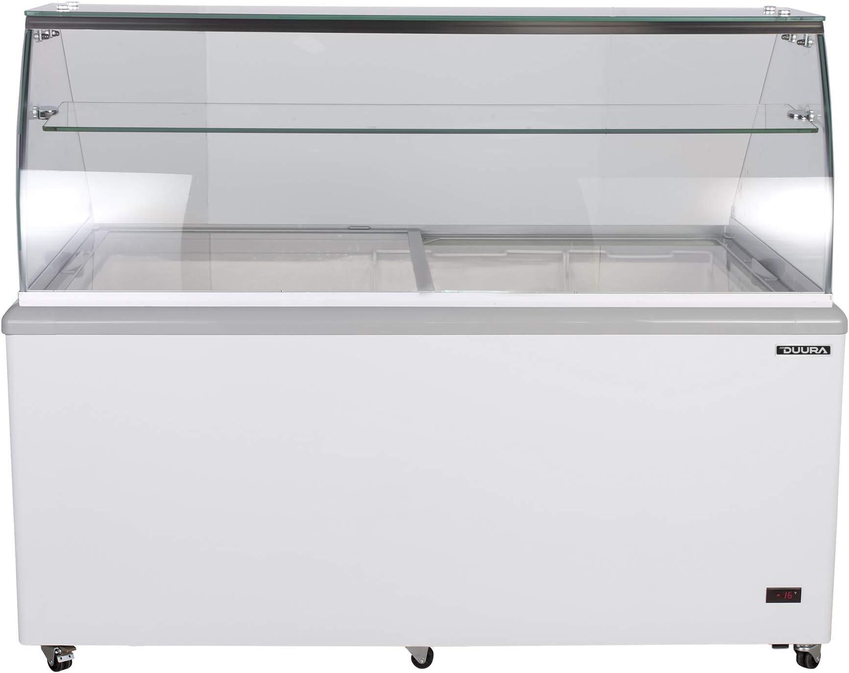 Duura 12 Flavor Commercial Ice Cream Dipping Cabinet and Gelato Deep Freezer Case Glass Top 20 Cubic Feet of Storage Space Holds 12 Tubs Stores 10 More with Tub Holders and Skirts, 71 Inch Wide, White