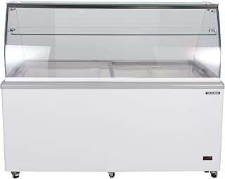 Duura 12 Flavor Commercial Ice Cream Dipping Cabinet and Gelato Deep Freezer Case Glass Top 20 Cubic Feet of Storage Space Holds 12 Tubs Stores 10 More with Tub Holders and Skirts, 71 Inch Wide, White