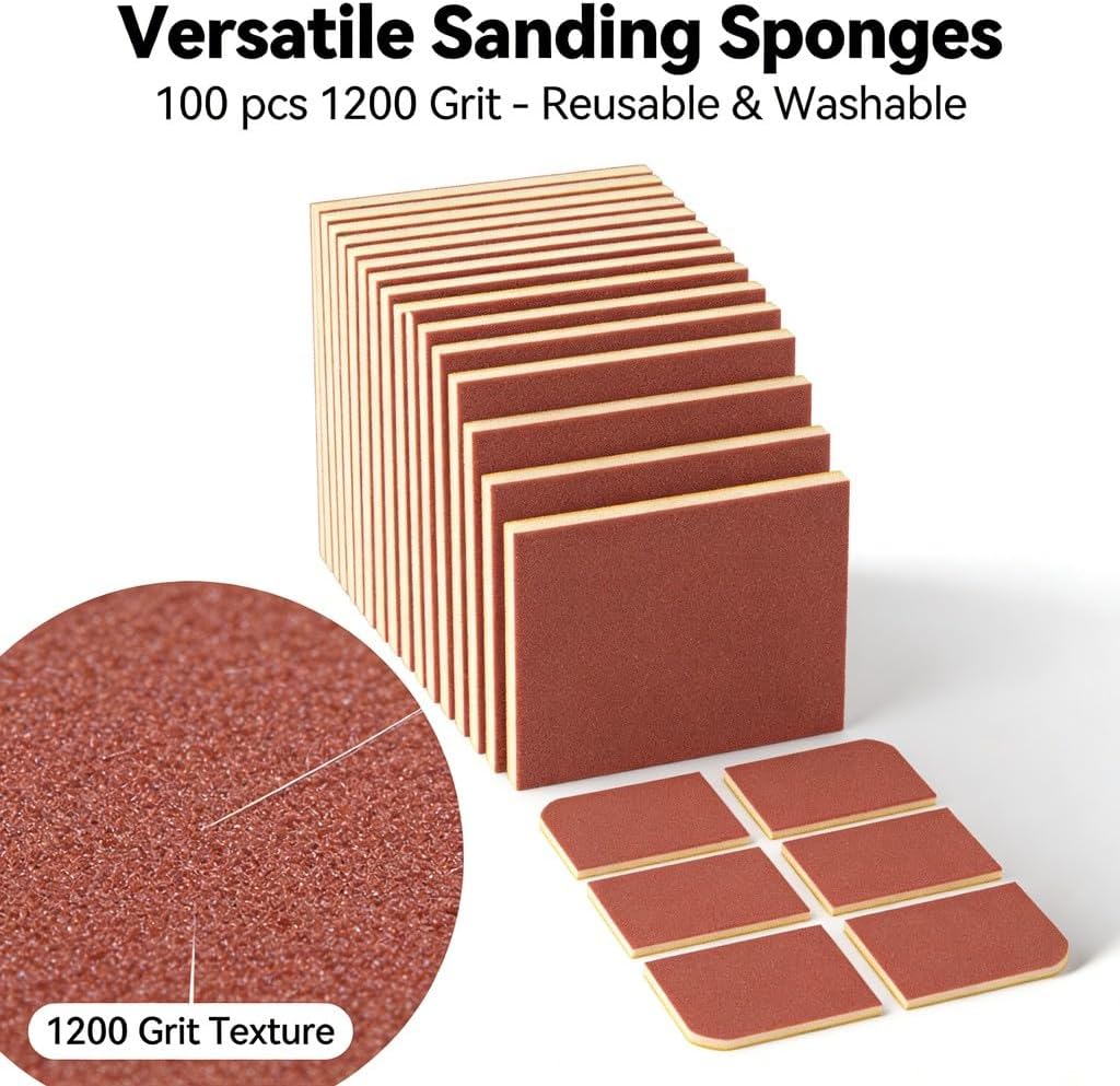 1200 Grit Sanding Sponge Pads, 100 Pieces, Washable Reusable Medium Fine Sandpaper Blocks for Wood Metal Drywall - Flexible Size, Comfortable Grip, Wet or Dry Use