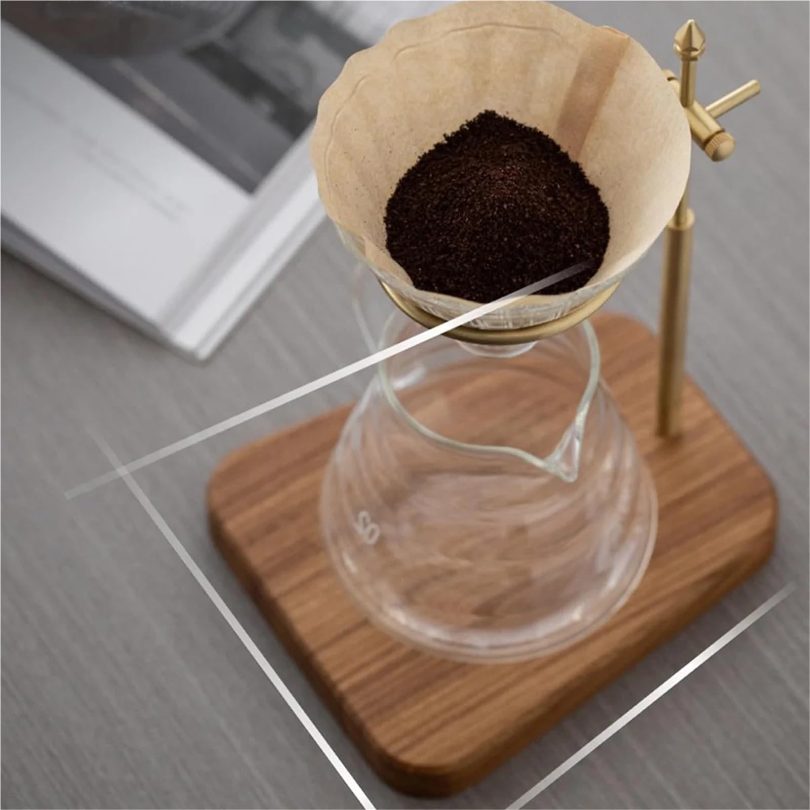 Estación de café con soporte for verter | Filtro ajustable en altura con gotero de cobre puro con base de madera de nogal