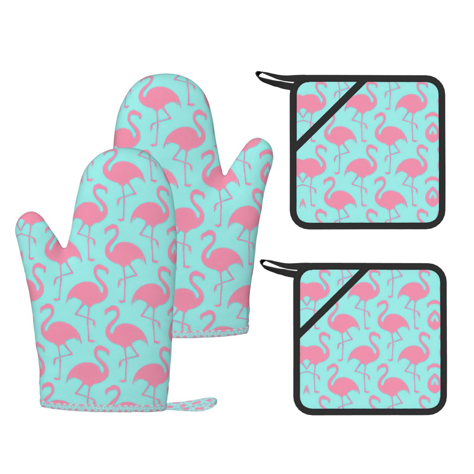 Pink Flamingo Printed Oven Mitts and Pot Holders Set of 4, Heat Resistant Silicone Gloves for Baking Grilling