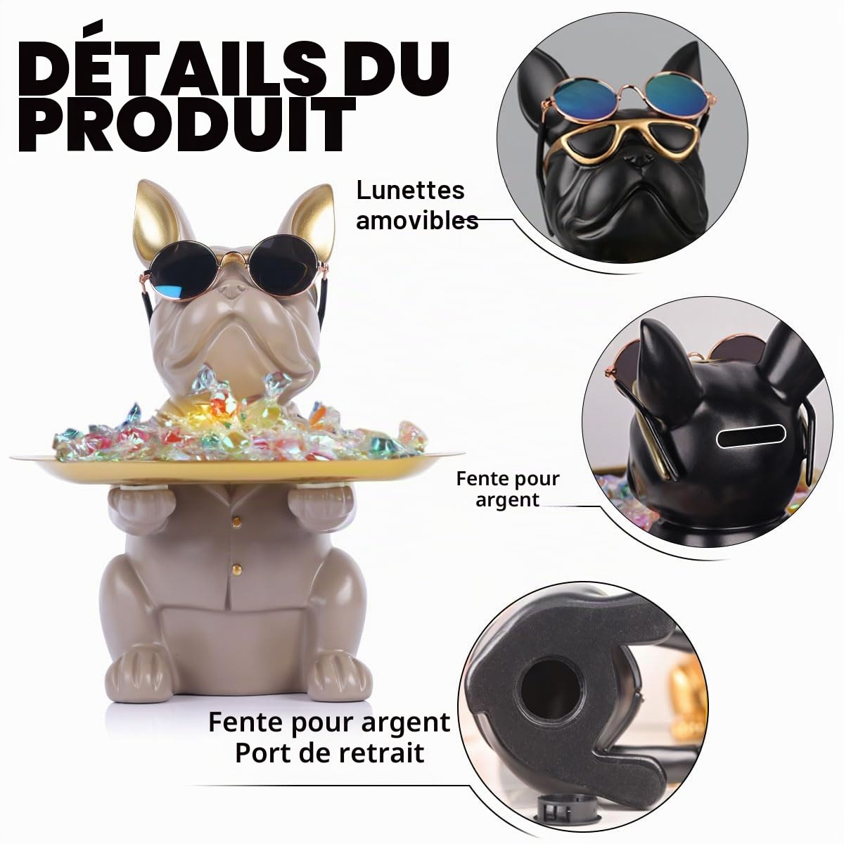 Statue de Plateau de Rangement de Table Bouledogue Gris en résine, Tirelire Bouledogue Sculpture, clés, Bonbons, Petits Objets Plateau de Rangement décor à la Maison