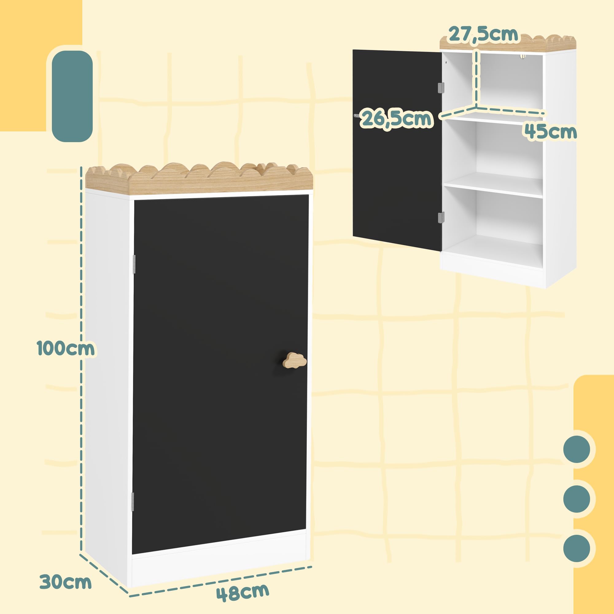 AIYAPLAY Meuble Rangement Enfant, Rangement Jouet Enfant, Armoire pour Enfant avec Porte en Tableau Noir, 3 casiers et Plateau supérieur pour Chambre à Coucher, Salle de Jeux, crèche, Blanc