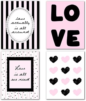 OHDCE Pink and Black Preppy Wall Art Prints Posters 8x10 Set of 4, Coquette Love Heart Y2K Girly Aesthetic Wall Decor Pictures Artwork for Teen Girls Bedroom Dorm Apartment, Unframed