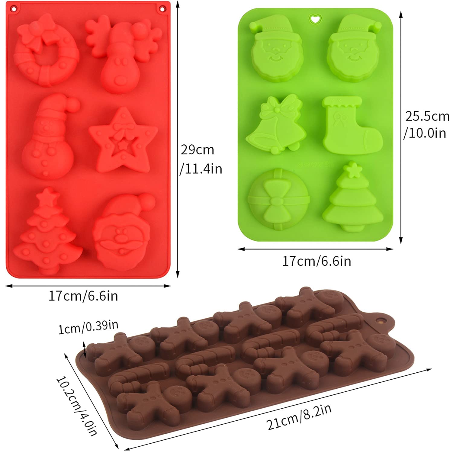 DERAYEE Christmas Silicone Mold for Chocolate, 3 Pcs Silicone Molds Santa Gingerbread Man Shape Fondant Cake Baking Molds Set for Kitchen Tools