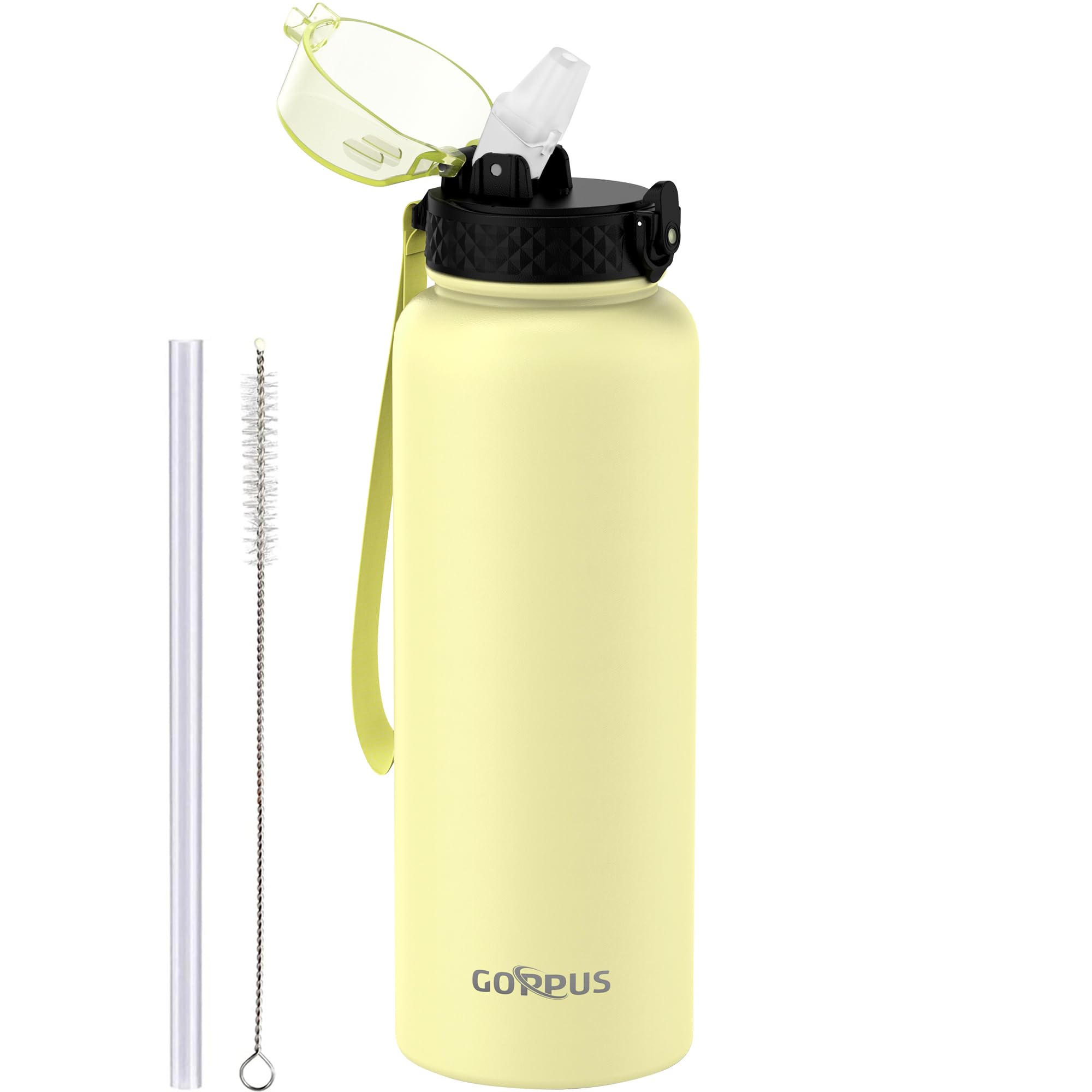 GOPPUS 1.2L/40oz Stainless Water Bottle with Straw Double Wall Insulated Bottles with Strap Large Vacuum Thermal Flask Leakproof Keep Cold Drinks Bottles with Flip Top Lid for Men Women BPA Free