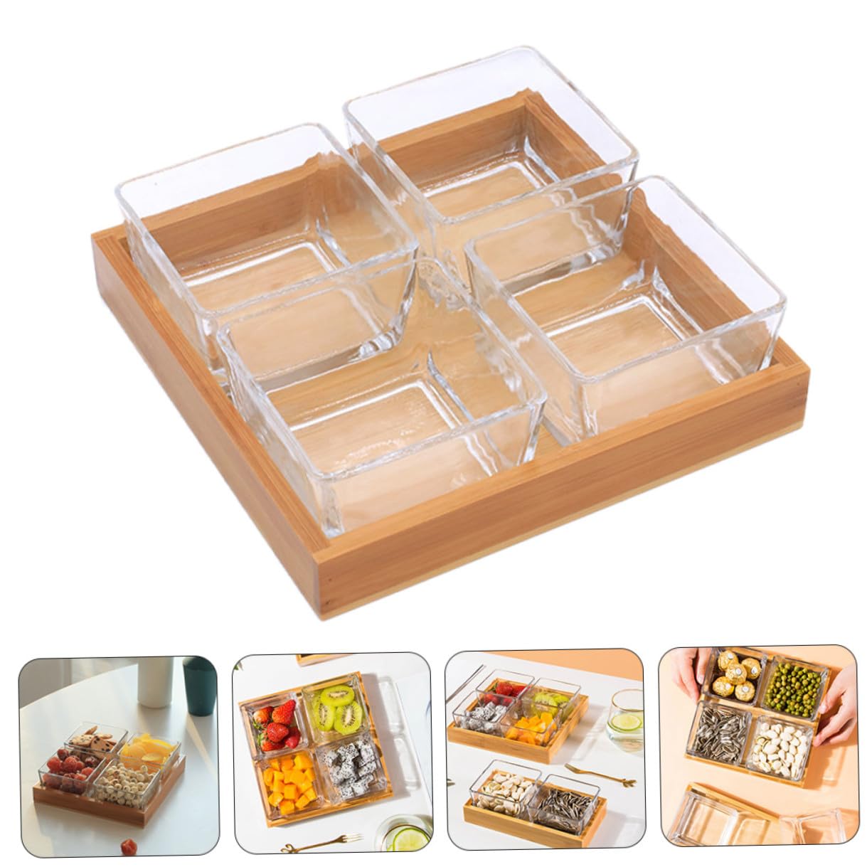 jojofuny Plateau à Fruits Compartimenté en Verre Transparent 4 Compartiments Assiette à Noix pour Collations Plateau de Service pour Fruits Secs pour Présentation et Organisation de