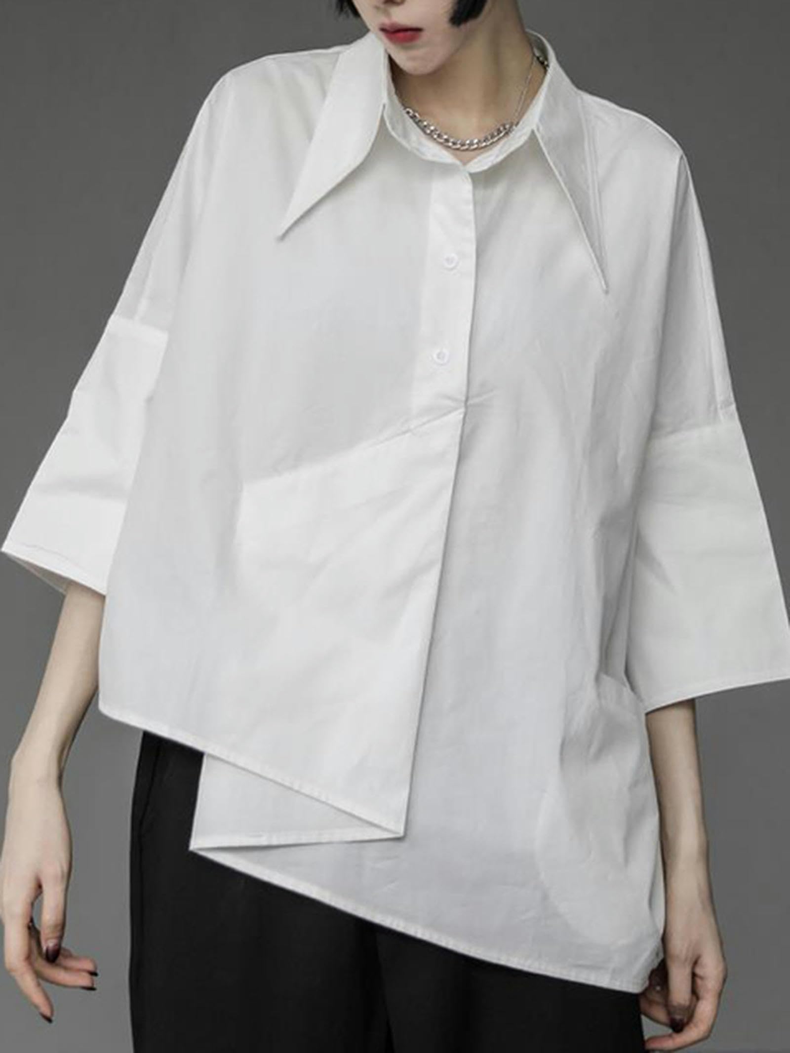 Wszjln Women's White Blouse Asymmetrical Harajuku Japanese Korean Style Black Shirt Loose Button Up Tops Casual Summer Fashion-L