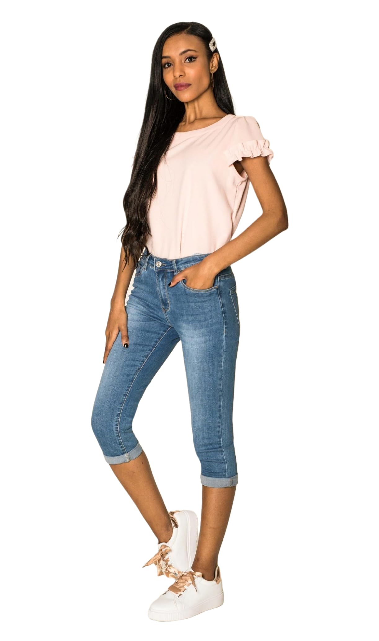 Nina Carter P132 Capri Skinny Fit Jeans a vita alta, effetto lavanderia