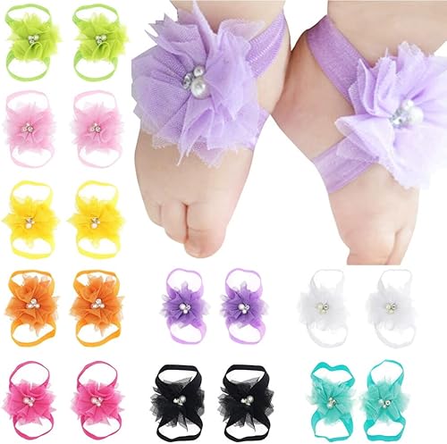 Miniatura 7 de Eforcase 12 pares de sandalias descalzas para bebé y niña, sandalias descalzas de flores para bebés recién nacidos, niñas pequeñas