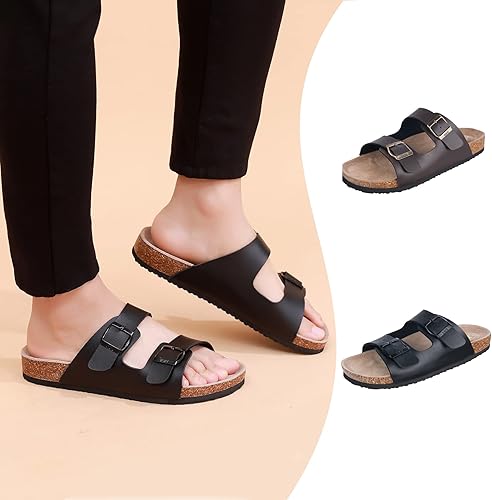 Miniatura 2 de WTW Sandalias con plantilla de corcho para hombre, zapatos deslizantes de playa con correa ajustable de hebilla de metal para hombre, estilo casual