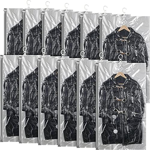 12 Pcs Hanging Vacuum Storage Garment Bags Reusable Compression Bags Clothes Space Storage Bags Clear Vacuum Seal Bags for Clothing Suits Dress Jackets, with 2 Hand Pumps (Medium)
