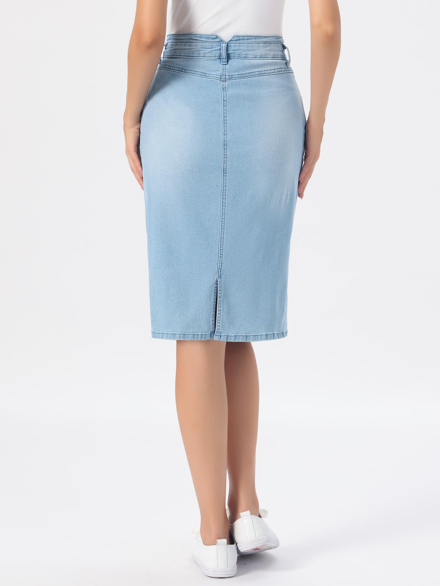 Allegra K Donna Gonna Jeans Elastici sotto Il Ginocchio Lunghezza | Vita Alta con Spacco Posteriore 2 Tasche Stile Classico Uso Quotidiano