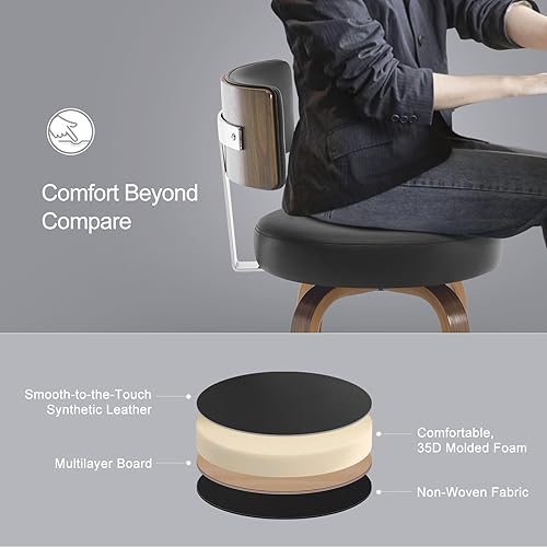 Miniatura 5 de Bekrvio Swivel Counter Height Bar Stools Set of 3, Faux Leather Kitchen Stools Upholstered Barstools with Back, Walnut Wood Legs, Mid Century Island