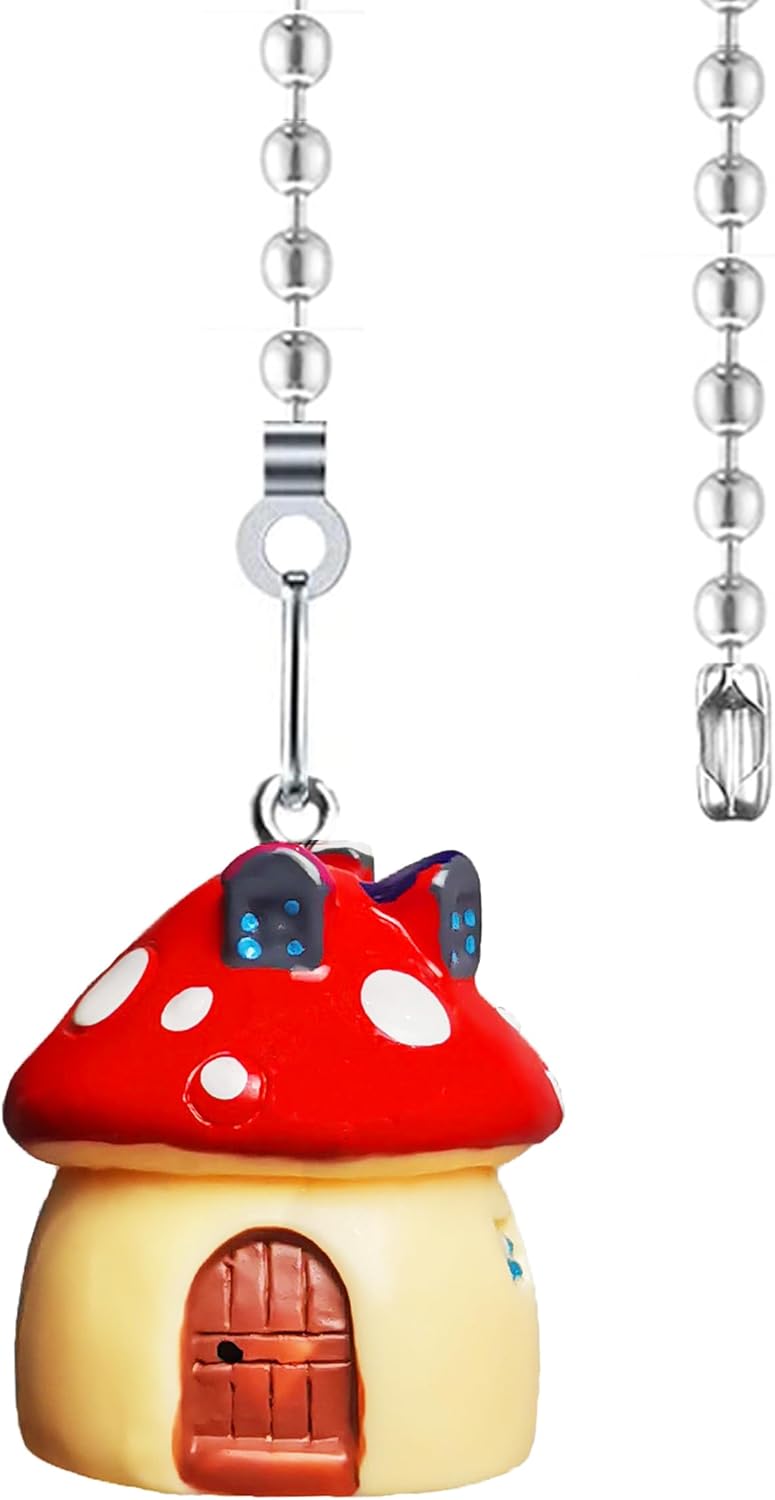 Ceiling Fan Pull Chain Extension with Mushroom House Charm, 12 Inch Fan Pulls Chain Extender for Ceiling Fans and Lights, Red