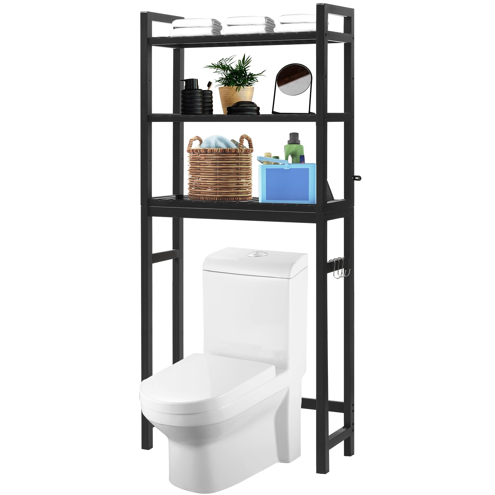 HITOMEN Over The Toilet Storage Cabinet, Bamboo Adjustable 3-Tier Above Toilet Shelf, Stable Freestanding Above Toilet Organizer with 3 Hooks for Bathroom Restroom Laundry Balcony, Black 67