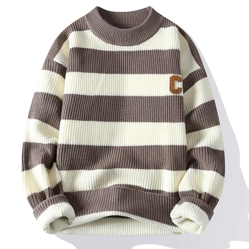 Autumn Winter Men's Pullover Round Neck Loose Striped Warm Thick Casual Knitwear Sweaters4