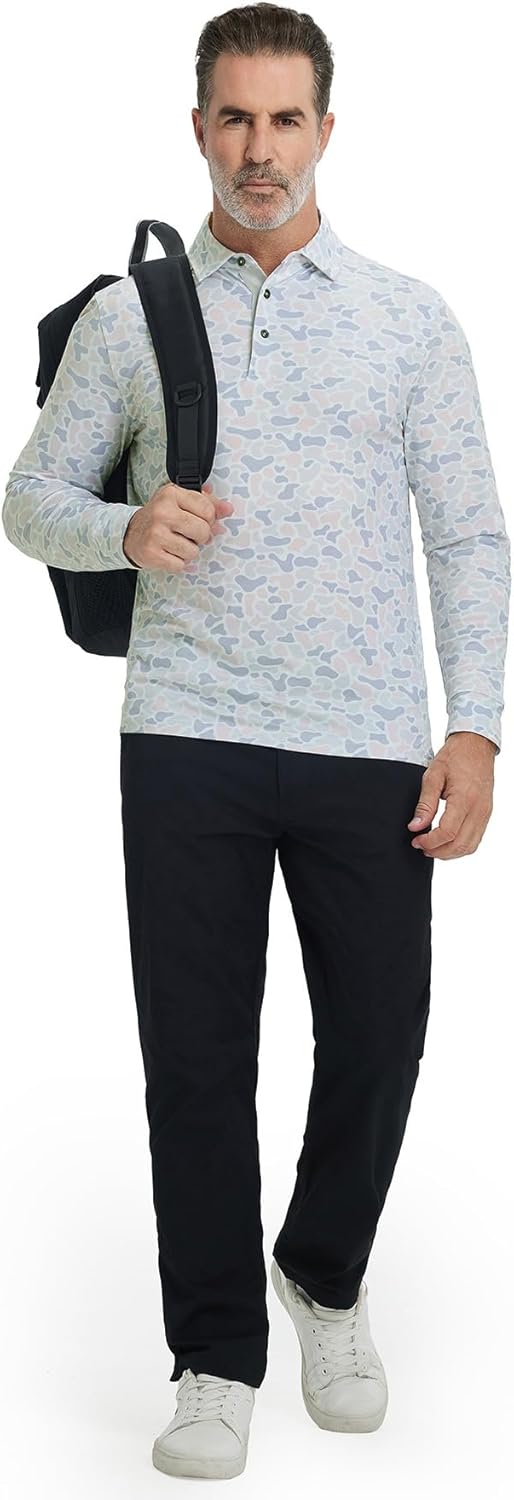 M MAELREG Golf Shirts for Men Dry Fit Performance Moisture Wicking Casual Print Collared Long Sleeve Polo Shirts for Men