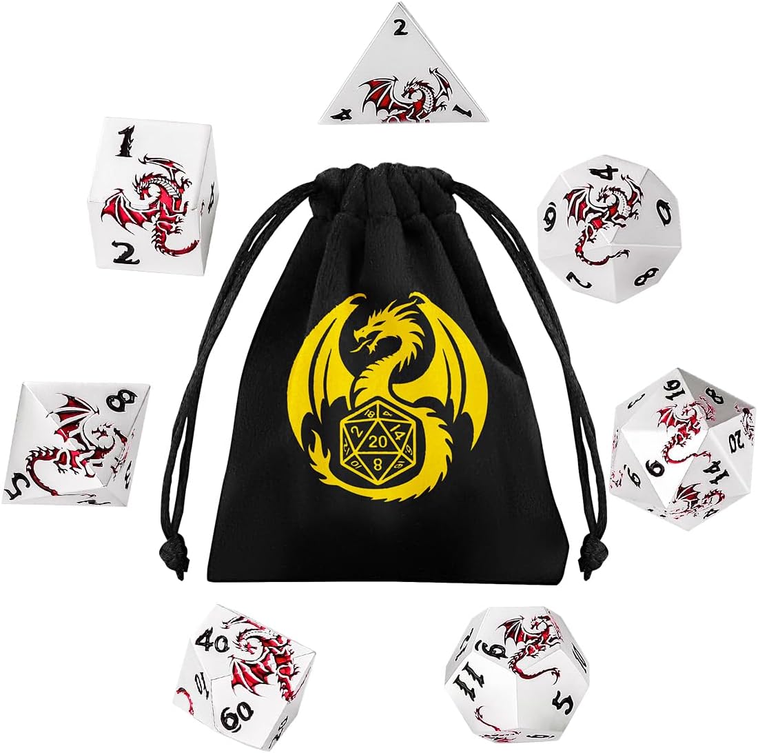 Metal DND Dice - Red Dragon Embossed Pattern, 7 Piece Polyhedral DND Dice Set, DND Starter Set, D&D Gift with Gift Bag, Role Playing Game DND Accessories, White