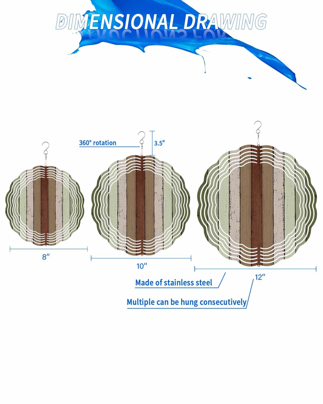 Vintage Wind Spinners, Mottled Country Green Brown Wood Grain Hanging Wind Spinners for Yard and Garden 3D Stainless Steel Metal Sculptures Crafts Ornaments 8 Inch