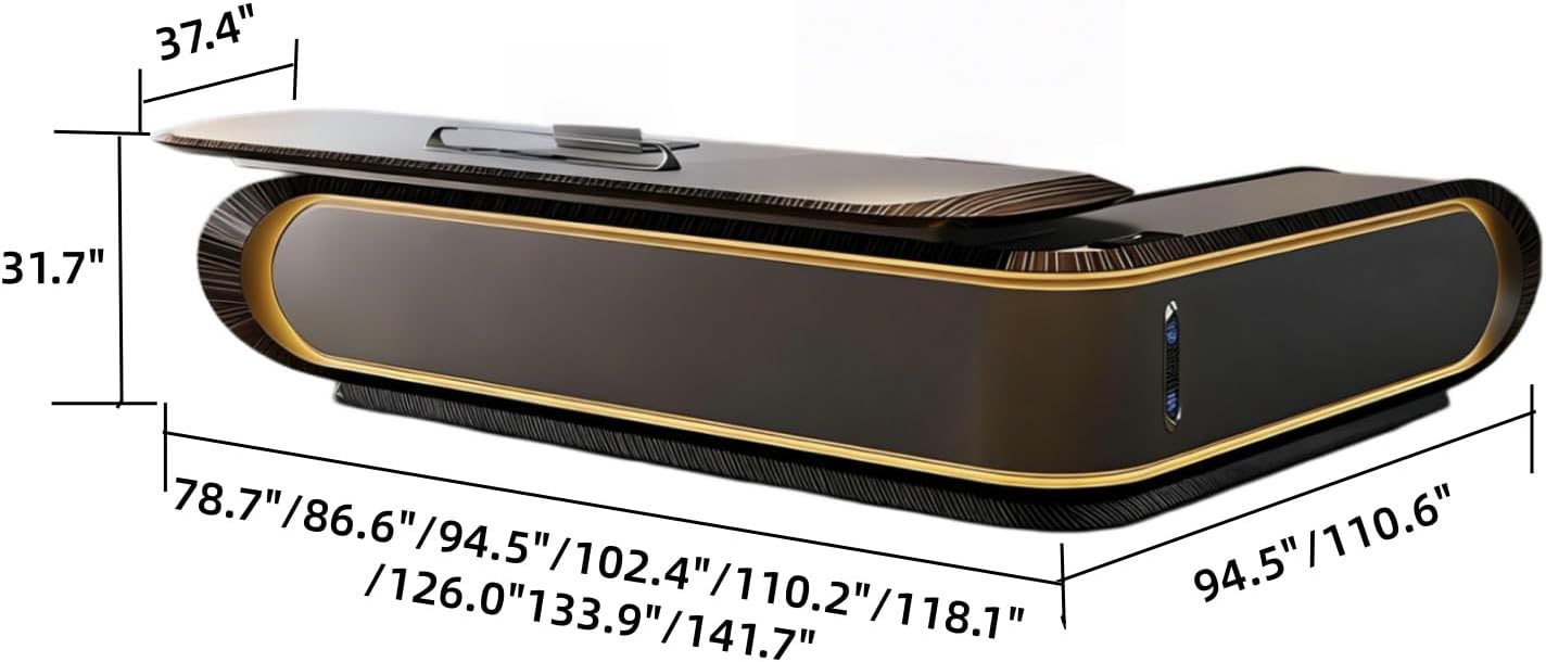 Executive L-Shaped Office Desk with LED Lights - Large Premium Wood Desk with Lockable Drawers & CPU Cabinet(Brown,133.9")