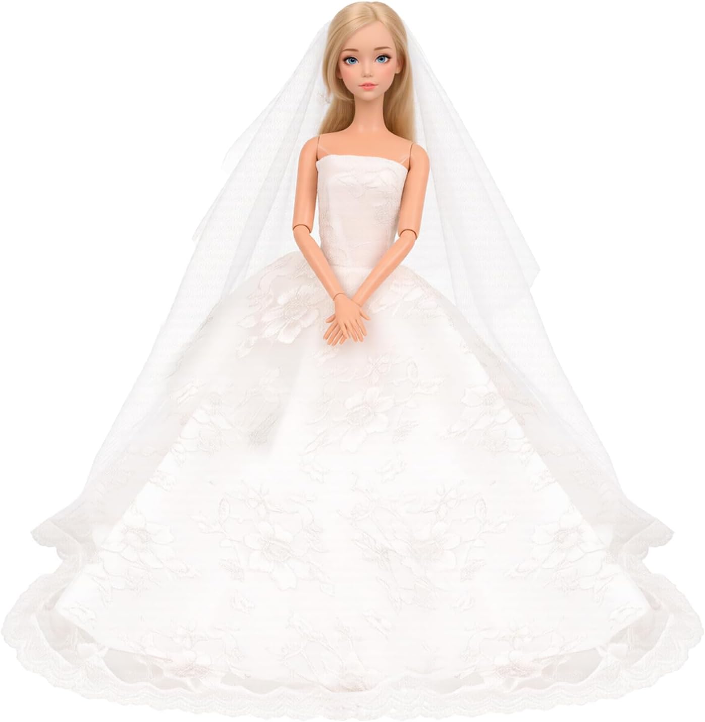 BARWA Wedding Dress with Veil White Princess Evening Party Clothes Wears Dress Outfit Set for 11.5 Inch Doll
