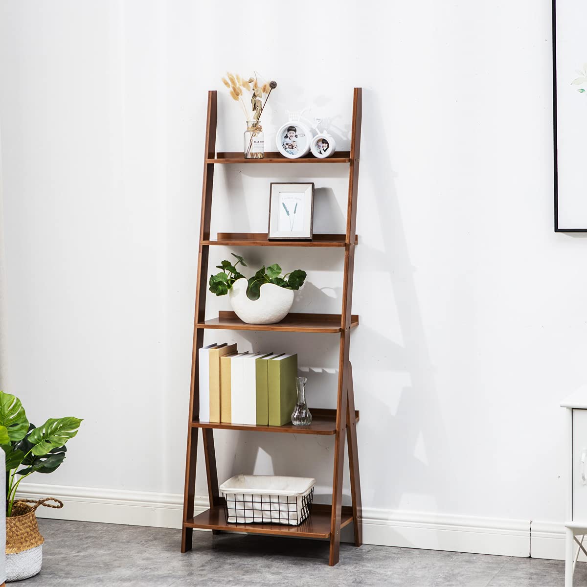 Photo 1 of Maydear Bamboo Ladder Shelf, 5-Tier Trapezoid Bookshelf, Storage Rack Shelves, Wall Shelf Flower Stand, for Living Room, Kitchen, Office, Balcony Walnut 5 Tier