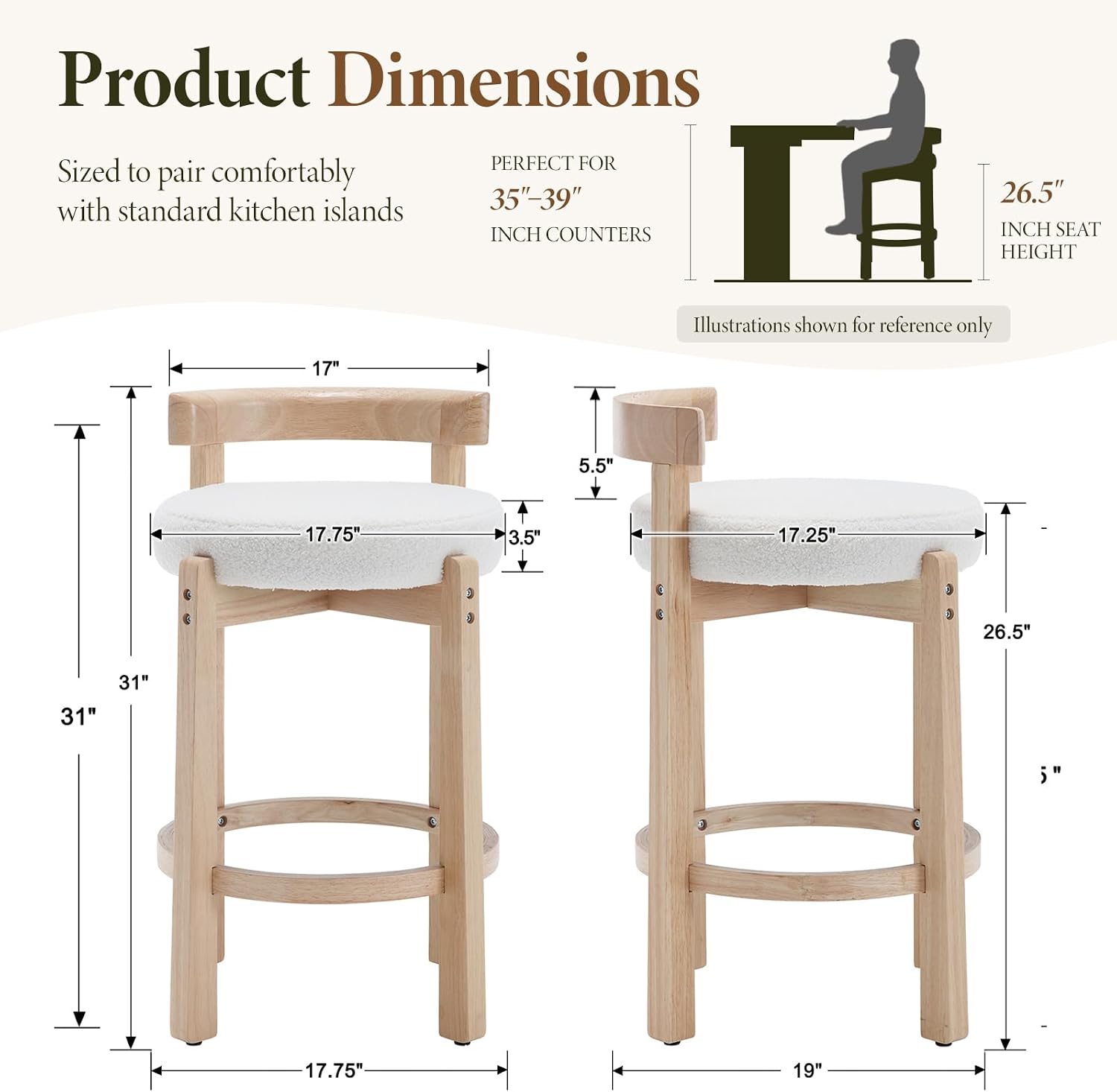 Ya-Home Mid-Century Bar Stools Set of 2, 26.5 Inch Sherpa Counter Height Upholstered Barstools Bar Chairs with Solid Wooden Legs for Kitchen Island Dining Room, White