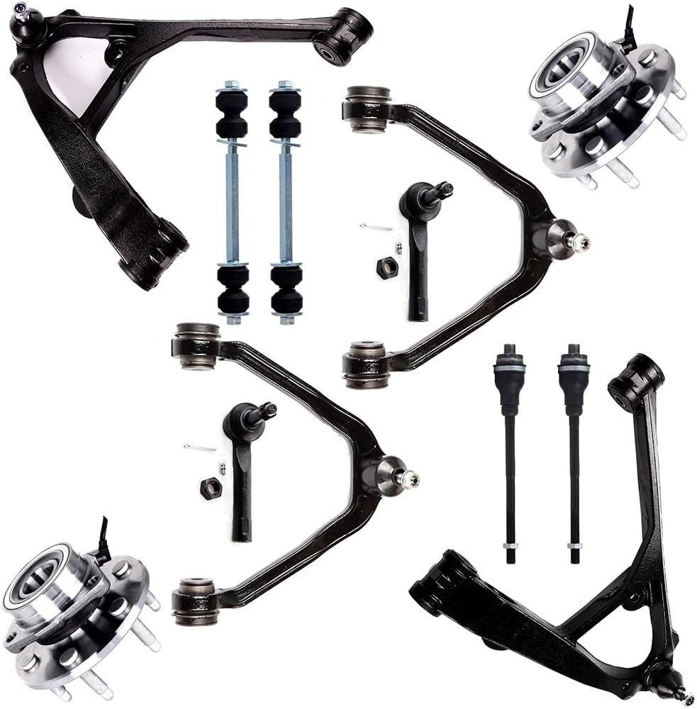 SCITOO 12-PC SET Suspension Kit For Cadillac Escalade For Chevy Silverado 1500 Avalanche Suburban 1500 Tahoe For GMC Sierra 1500 Front Lower Upper Control Arm Inner Outer Tie Rod Sway Bar Wheel Hub
