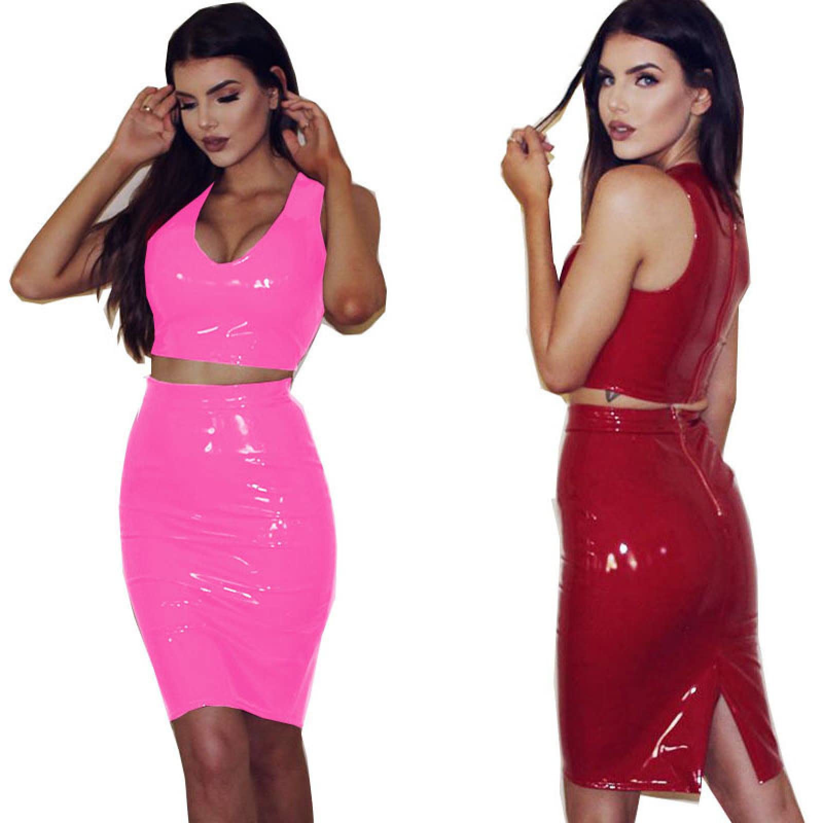 QJZM Faux Leather Two Piece Summe Top sin Mangas Falda Traje Slim Crop Tank Tops Cintura elástica Lady Falda Conjuntos Elegante